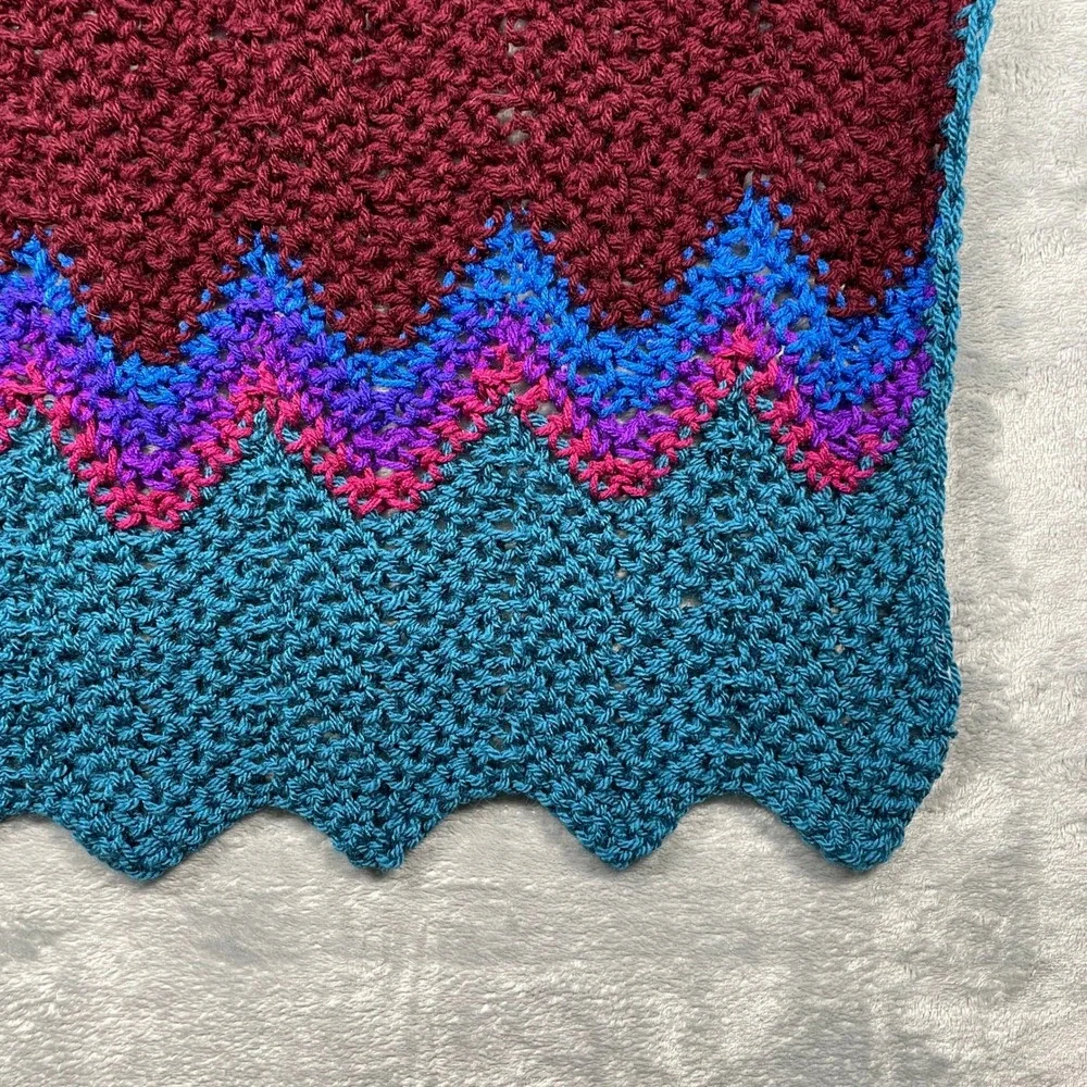Handmade Crochet Baby Blanket Hat Set Rainbow Chevron Teal Burgundy Warm Cozy